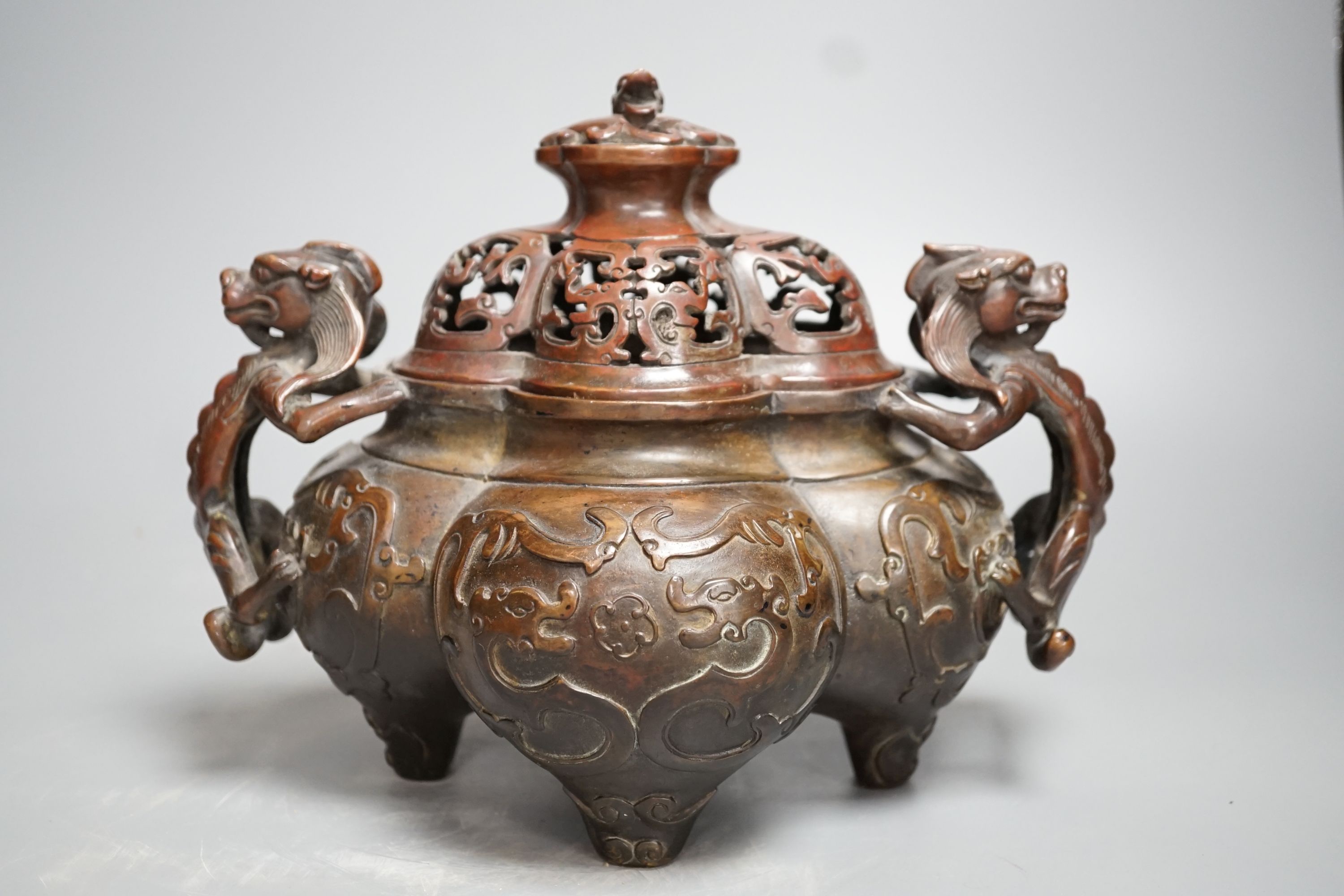 A 19th century Chinese bronze quatrefoil censer, with four character mark - 19cm high